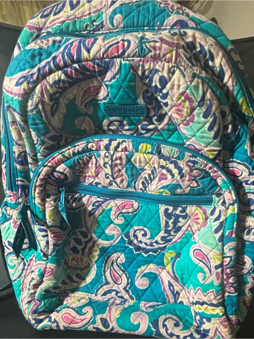 Vera Bradley Teal Paisley Quilted Backpack with Multicolor Accents